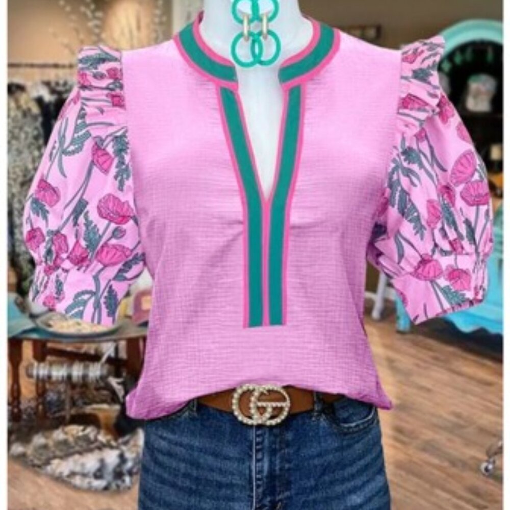 Vibrant Pink Floral Blouse with Ruffled Sleeves